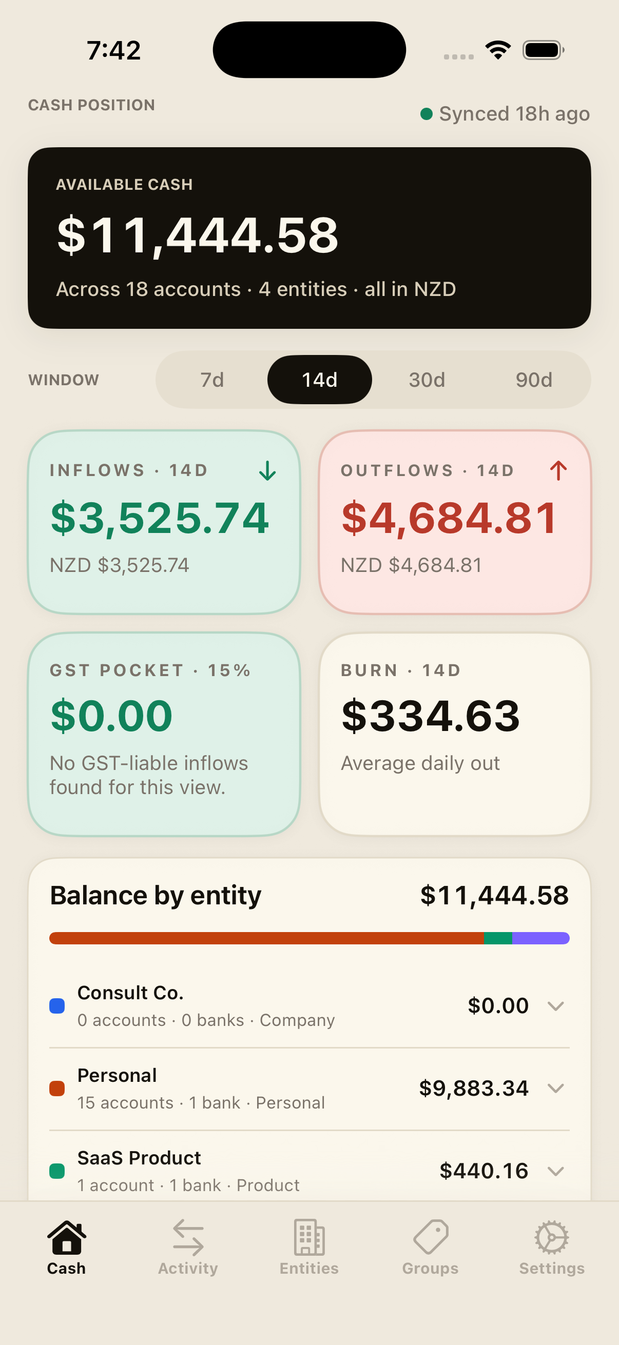 Stelzar mobile cash dashboard showing available cash, inflows, outflows, and balance by entity.